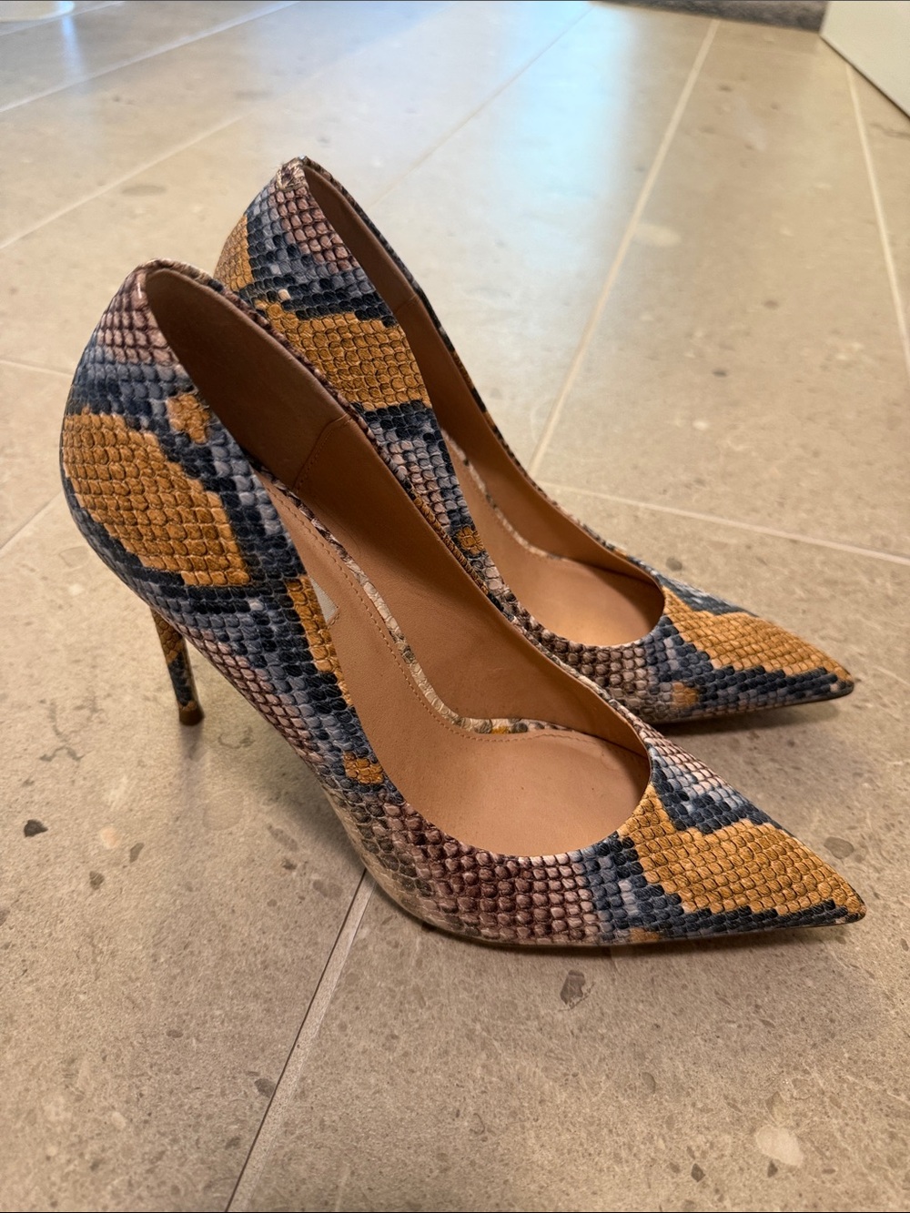 Steve Madden Snake-Embossed Pointed Toe Heels in Mustard & Navy